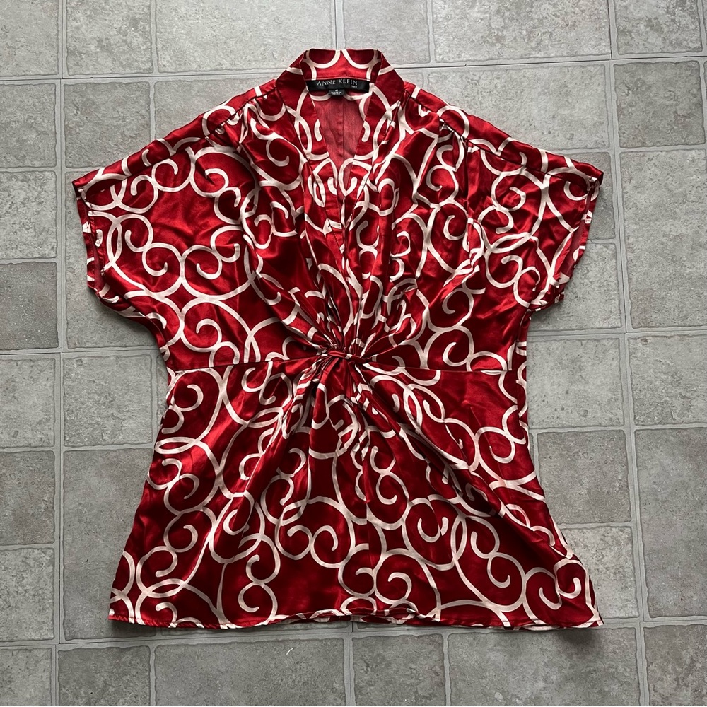 Anne Klein red silk blouse white swirl pattern sinched waist y2k women’s 4 - Picture 2 of 8